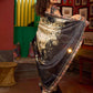 Beige & Black Art Silk Saree with Modern Floral Print & Contrasting Border