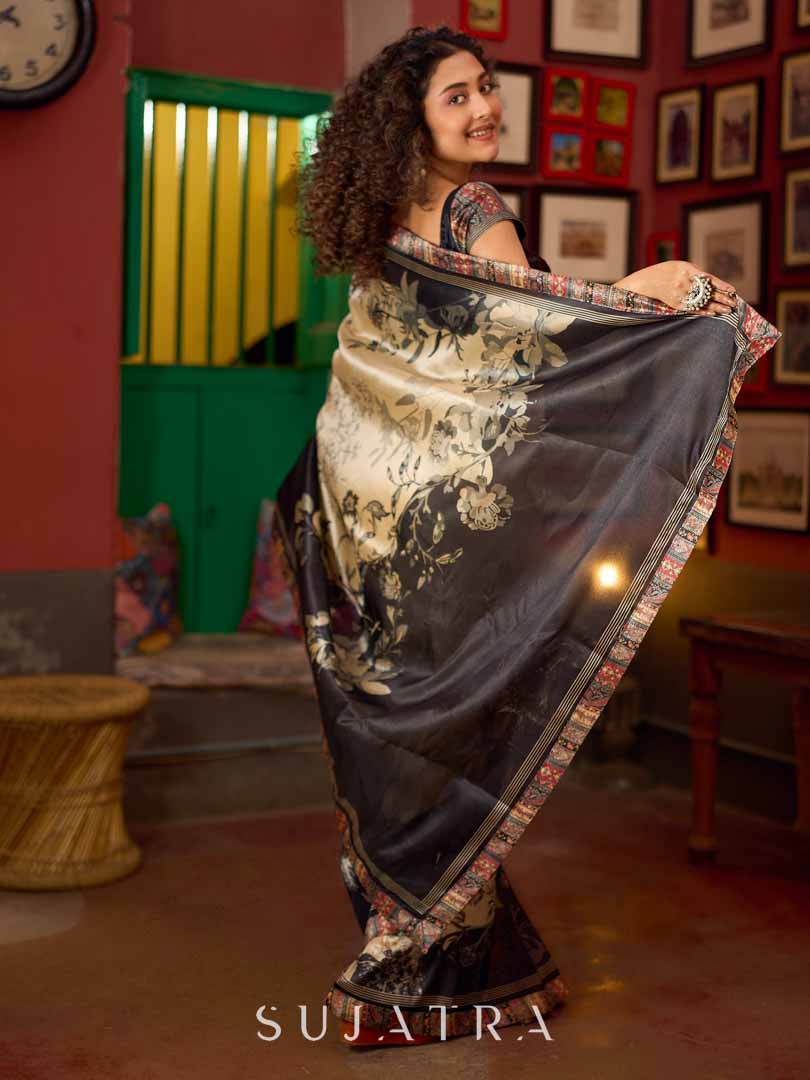 Beige & Black Art Silk Saree with Modern Floral Print & Contrasting Border