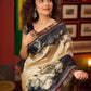 Beige & Black Art Silk Saree with Modern Floral Print & Contrasting Border