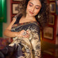 Beige & Black Art Silk Saree with Modern Floral Print & Contrasting Border