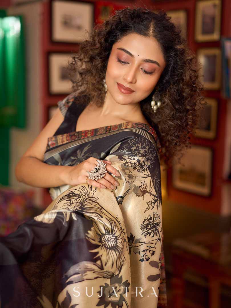 Beige & Black Art Silk Saree with Modern Floral Print & Contrasting Border