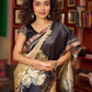 Beige & Black Art Silk Saree with Modern Floral Print & Contrasting Border