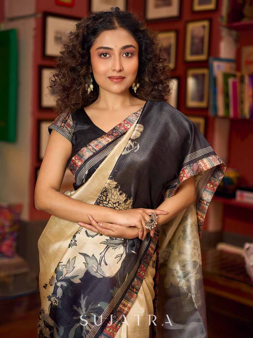 Beige & Black Art Silk Saree with Modern Floral Print & Contrasting Border