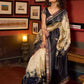 Beige & Black Art Silk Saree with Modern Floral Print & Contrasting Border