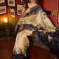Beige & Black Art Silk Saree with Modern Floral Print & Contrasting Border
