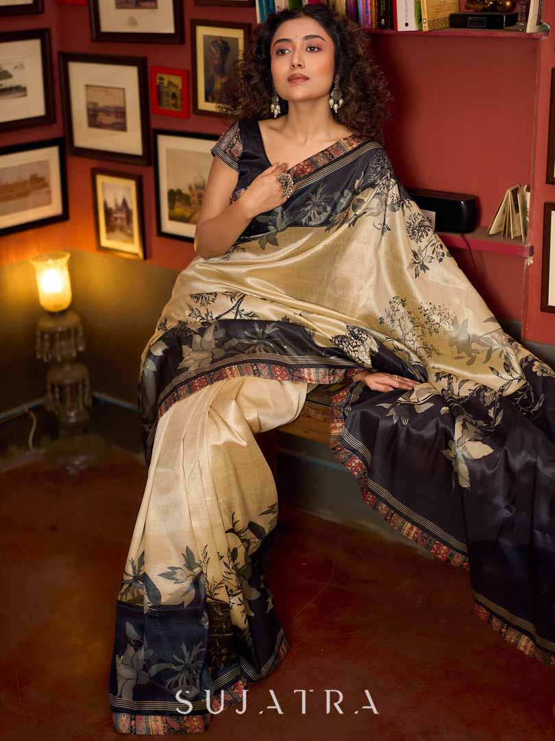 Beige & Black Art Silk Saree with Modern Floral Print & Contrasting Border