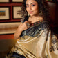 Beige & Black Art Silk Saree with Modern Floral Print & Contrasting Border
