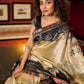 Beige & Black Art Silk Saree with Modern Floral Print & Contrasting Border
