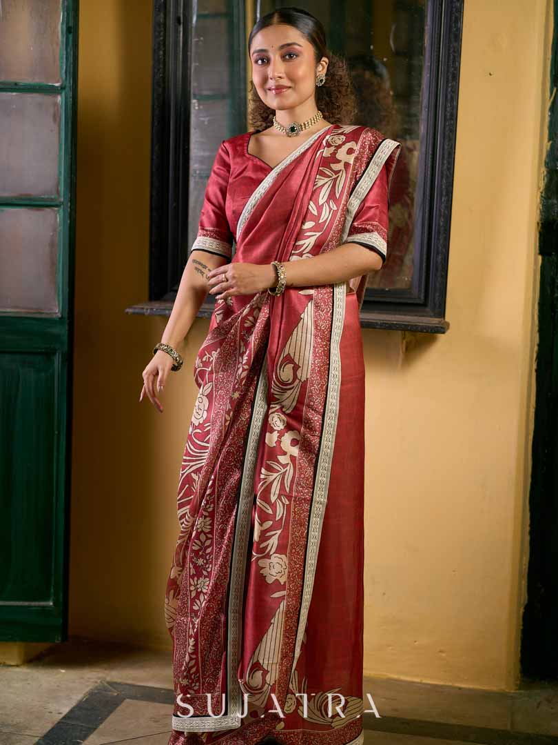 Deep Maroon Art Silk Saree with Traditional Floral Printed Pallu