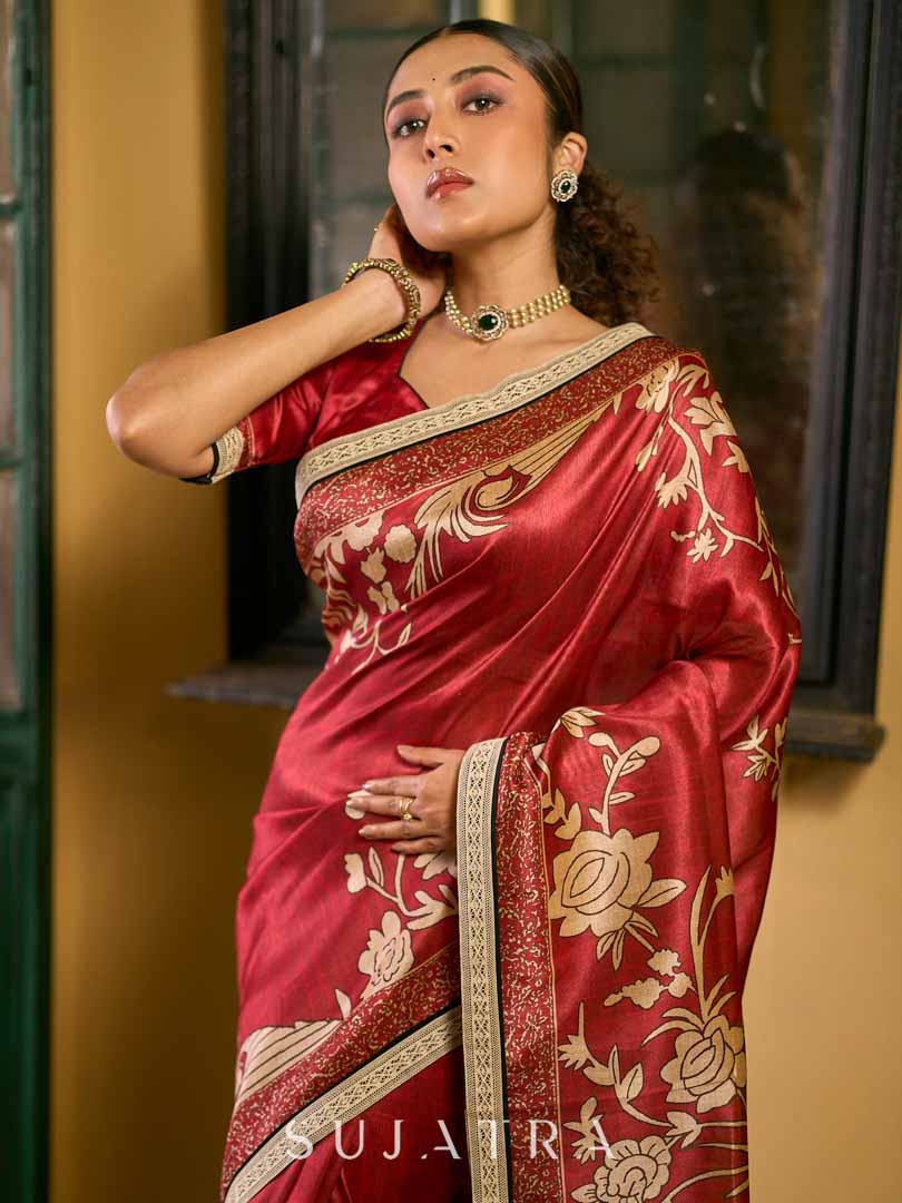 Deep Maroon Art Silk Saree with Traditional Floral Printed Pallu