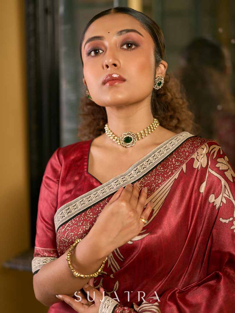 Deep Maroon Art Silk Saree with Traditional Floral Printed Pallu