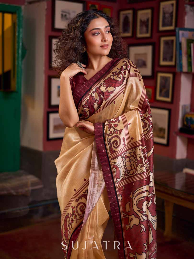 Deep Maroon Contemporary Printed Art Silk Saree