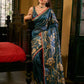 Deep Teal Art Silk Saree with Contemporary Floral Print & Contrasting Border