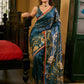 Deep Teal Art Silk Saree with Contemporary Floral Print & Contrasting Border