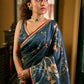Deep Teal Art Silk Saree with Contemporary Floral Print & Contrasting Border