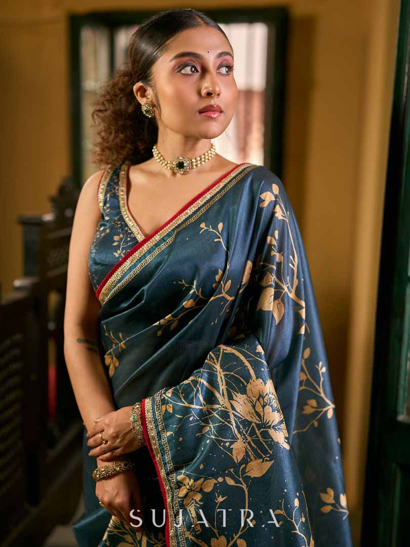 Deep Teal Art Silk Saree with Contemporary Floral Print & Contrasting Border