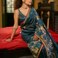 Deep Teal Art Silk Saree with Contemporary Floral Print & Contrasting Border