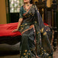 Dark Green Art Silk Saree with Traditional Lotus Print & Contrasting Border