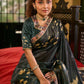 Dark Green Art Silk Saree with Traditional Lotus Print & Contrasting Border