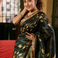 Dark Green Art Silk Saree with Traditional Lotus Print & Contrasting Border