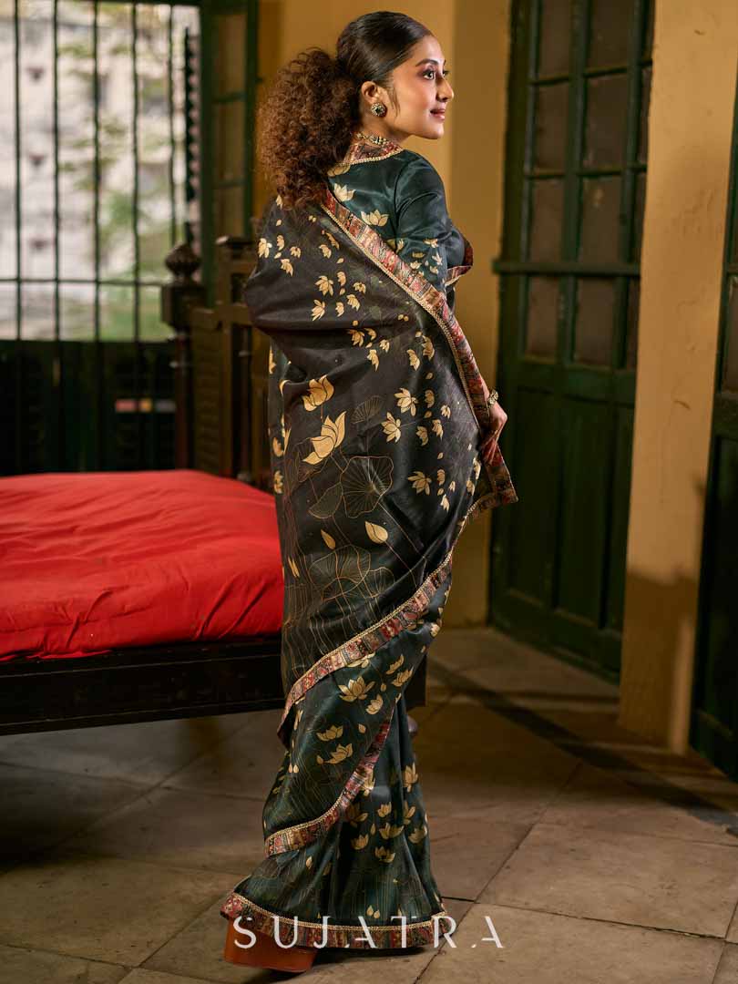Dark Green Art Silk Saree with Traditional Lotus Print & Contrasting Border