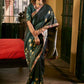 Dark Green Art Silk Saree with Traditional Lotus Print & Contrasting Border