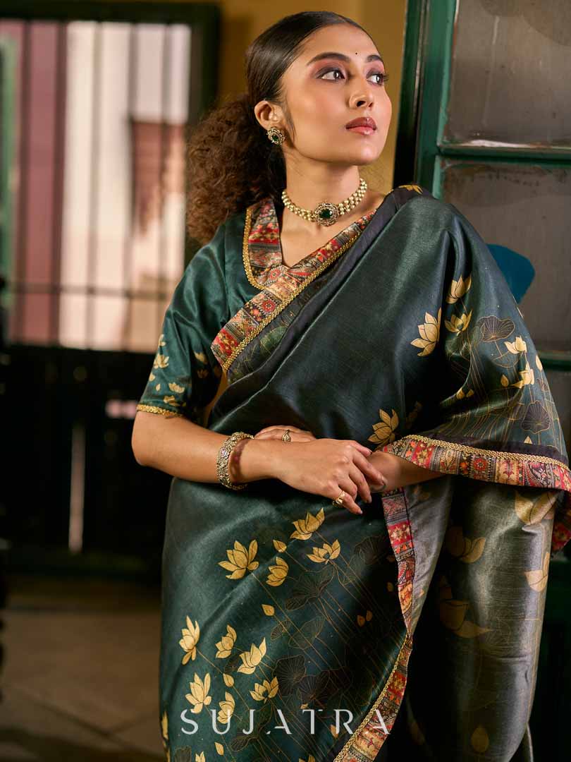 Dark Green Art Silk Saree with Traditional Lotus Print & Contrasting Border