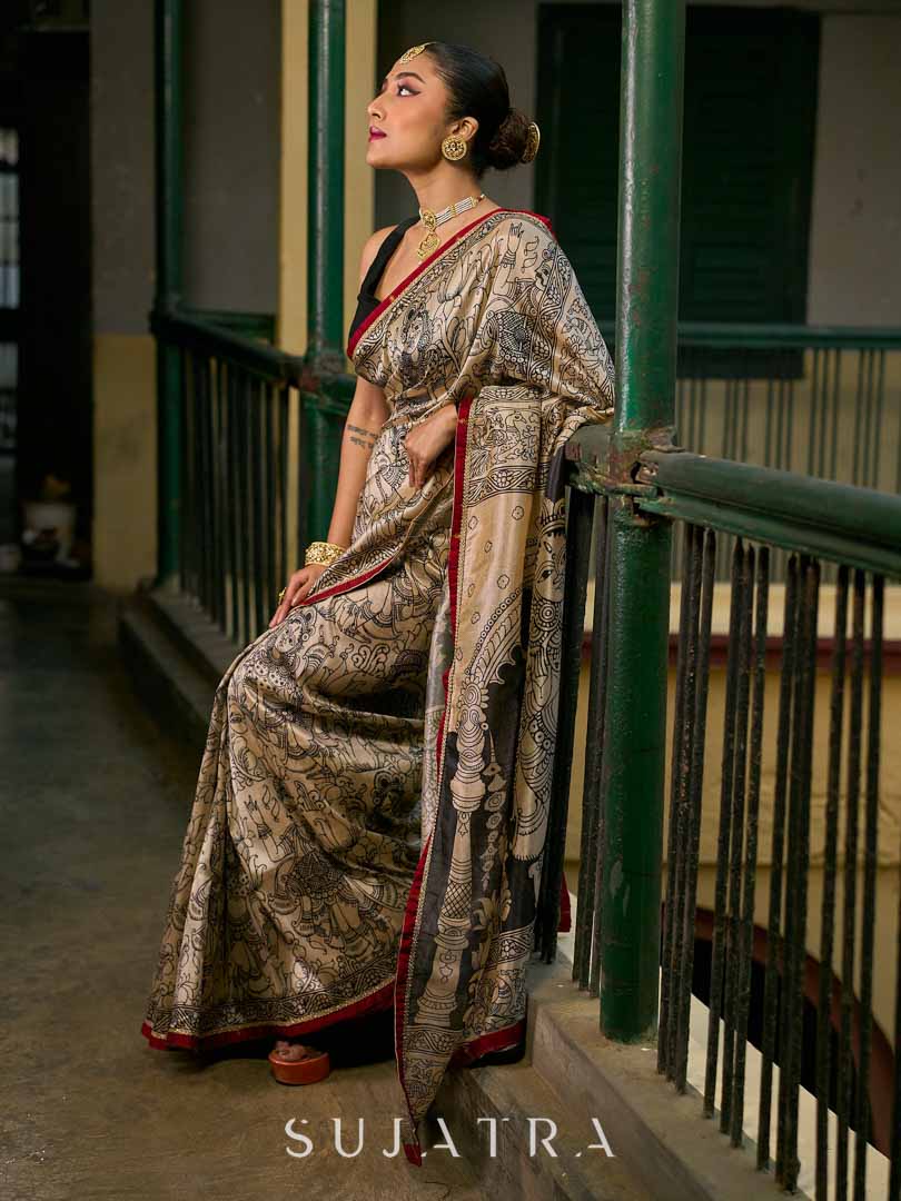 Chic Beige Art Silk Saree with Traditional Kalamkari Print & Contrast Border
