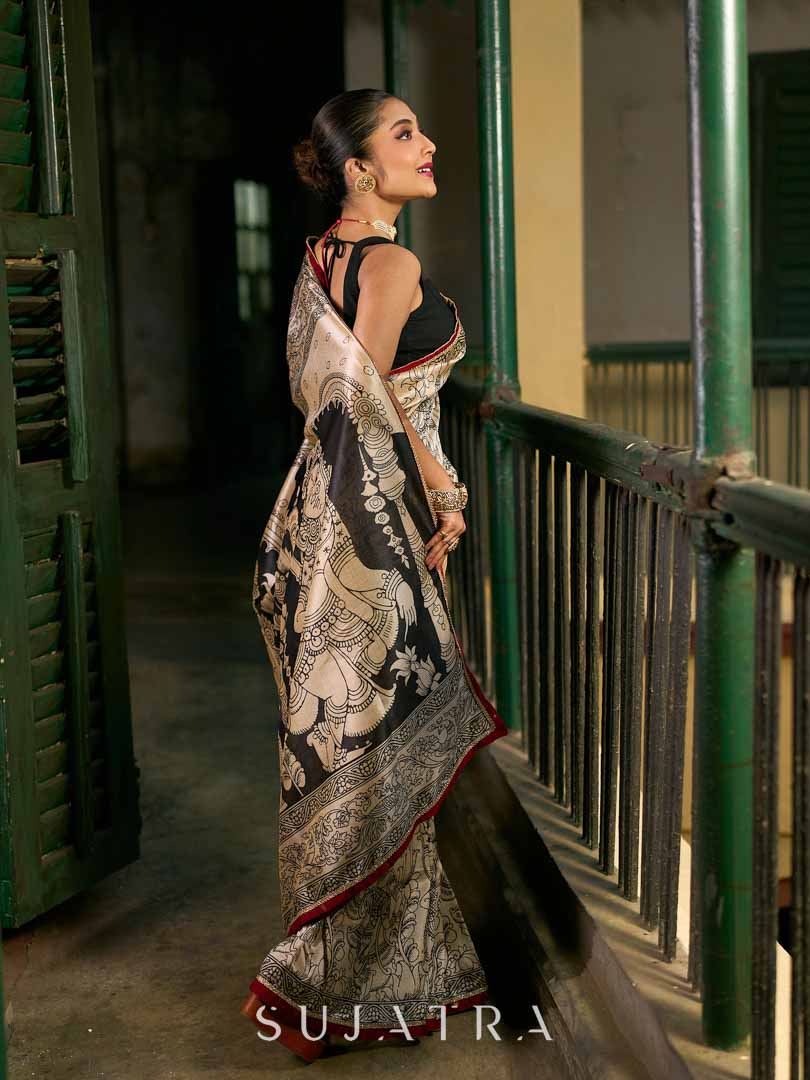 Chic Beige Art Silk Saree with Traditional Kalamkari Print & Contrast Border
