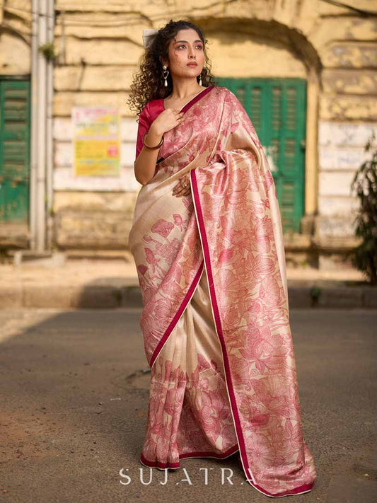 Classic Beige Art Silk Saree with Traditional Madhubani Print