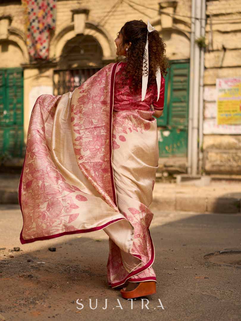 Classic Beige Art Silk Saree with Traditional Madhubani Print