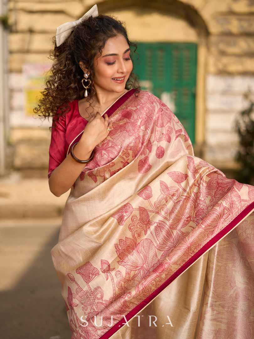 Classic Beige Art Silk Saree with Traditional Madhubani Print