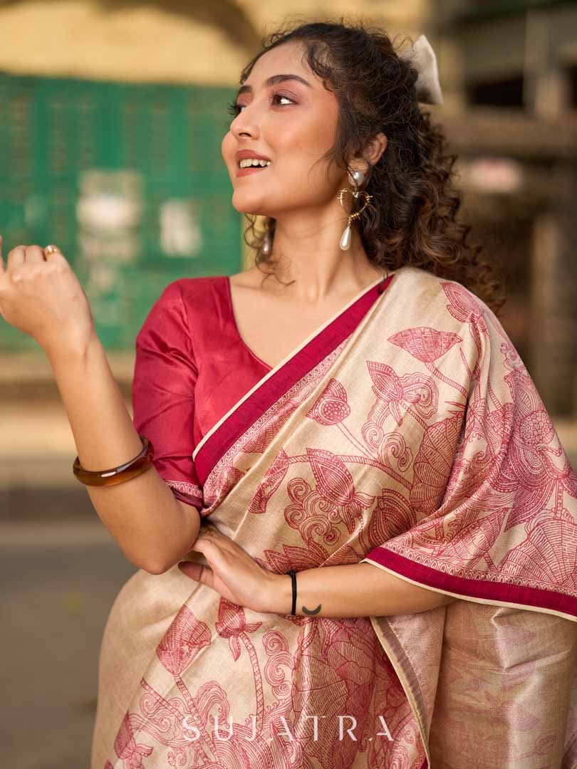 Classic Beige Art Silk Saree with Traditional Madhubani Print