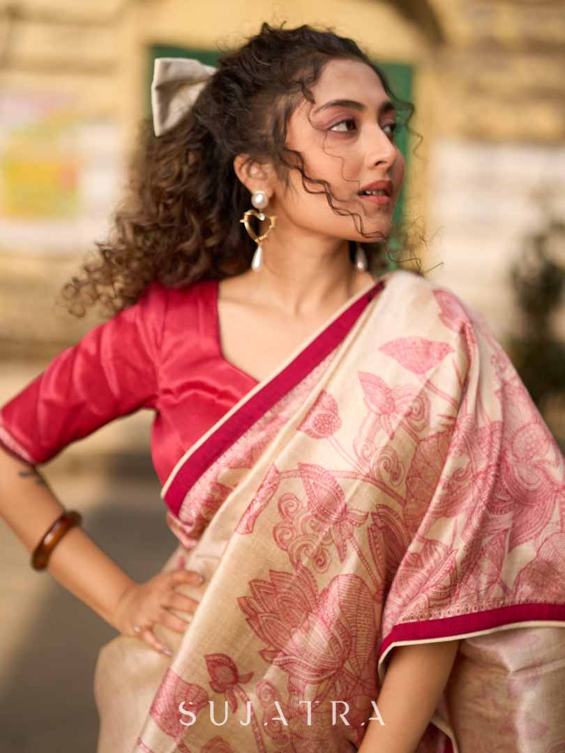 Classic Beige Art Silk Saree with Traditional Madhubani Print