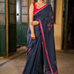 Deep Blue Cotton Saree with Delicate Floral Embroidery and Contrast Pink Accents