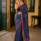 Deep Blue Cotton Saree with Delicate Floral Embroidery and Contrast Pink Accents