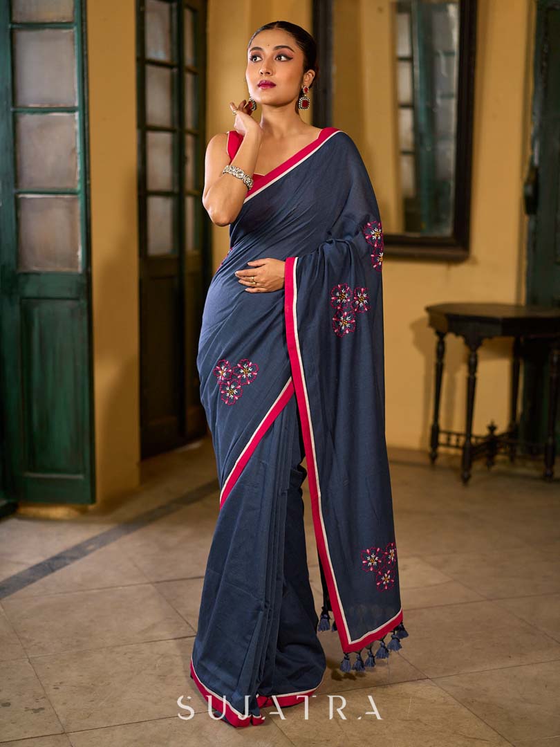 Deep Blue Cotton Saree with Delicate Floral Embroidery and Contrast Pink Accents