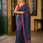 Deep Blue Cotton Saree with Delicate Floral Embroidery and Contrast Pink Accents