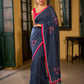 Deep Blue Cotton Saree with Delicate Floral Embroidery and Contrast Pink Accents