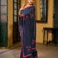 Deep Blue Cotton Saree with Delicate Floral Embroidery and Contrast Pink Accents