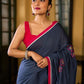Deep Blue Cotton Saree with Delicate Floral Embroidery and Contrast Pink Accents