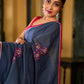 Deep Blue Cotton Saree with Delicate Floral Embroidery and Contrast Pink Accents