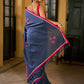 Deep Blue Cotton Saree with Delicate Floral Embroidery and Contrast Pink Accents