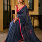 Deep Blue Cotton Saree with Delicate Floral Embroidery and Contrast Pink Accents