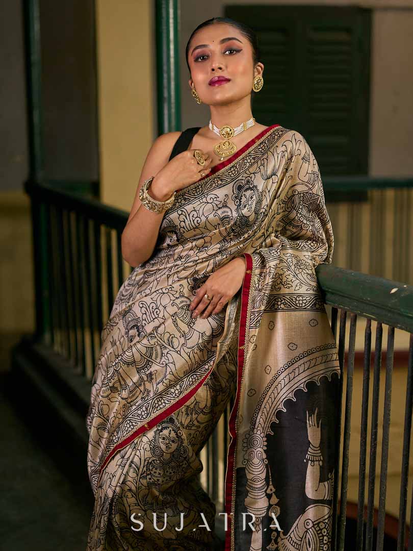 Chic Beige Art Silk Saree with Traditional Kalamkari Print & Contrast Border
