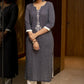 Navy blue pin striped straight cotton kurta with embroidery in front