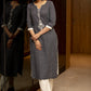 Navy blue pin striped straight cotton kurta with embroidery in front
