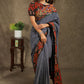 Blue Cotton Ikat checks saree with beautiful combination of Kalamkari and Ajrakh border