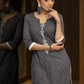 Navy blue pin striped straight cotton kurta with embroidery in front