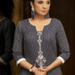 Navy blue pin striped straight cotton kurta with embroidery in front